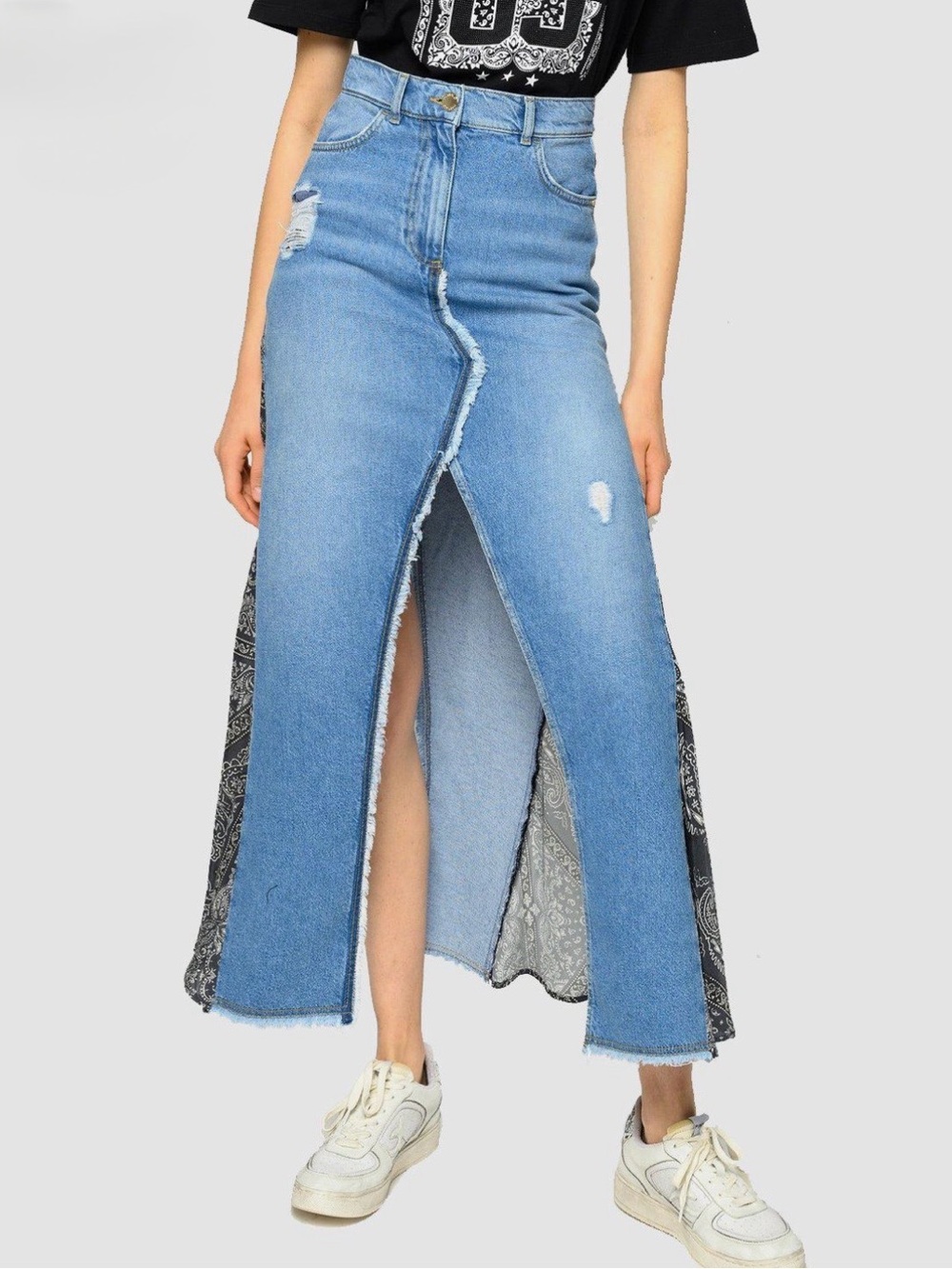 Pinko Long Denim Skirt with Bandana-Print
Inserts